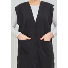 Fresh Moda Kadın Siyah  Uzun Cepli Düğmeli Penye Anne Büyük Beden Tunik Yelek