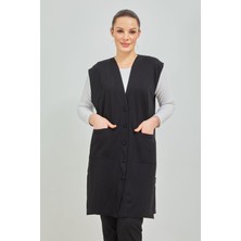 Fresh Moda Kadın Siyah  Uzun Cepli Düğmeli Penye Anne Büyük Beden Tunik Yelek