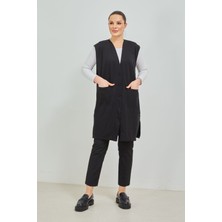 Fresh Moda Kadın Siyah  Uzun Cepli Düğmeli Penye Anne Büyük Beden Tunik Yelek