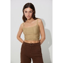 Bej Büzgülü Kare Yaka Triko Atlet SWA4641BJ