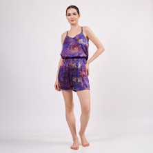 Saf Ipek Askılı Şort Pijama Takımı | Mandala Desen Fuşya