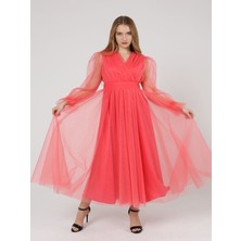 Asees Önü Kruvaze Uzun Kol Tül Abiye Elbise