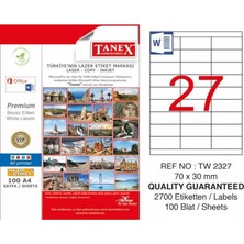 Tanex Lazer Etiket 100 Yp 2700 Lü 70X30 Laser Copy Inkjet Tw 2327