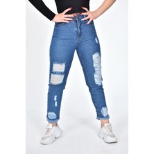 Zeren Moda Yüksek Bel Dar Paça Yırtmaçlı Mom Jean Kot Pantolon Mavi - 44