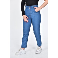 Zeren Moda Yüksek Bel Dar Paça Lastikli Mom Jean Kot Pantolon Mavi - 42