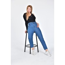 Zeren Moda Yüksek Bel Dar Paça Lastikli Mom Jean Kot Pantolon Mavi - 42