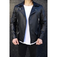SB Collection Erkek Siyah Biker Baharlık Deri Ceket