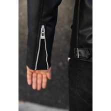 SB Collection Erkek Siyah Biker Baharlık Deri Ceket