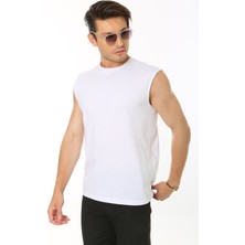 CHEISU Erkek Beyaz Bisiklet Yaka Tank Sıfır Kol Atlet %100 Pamuk T-shirt