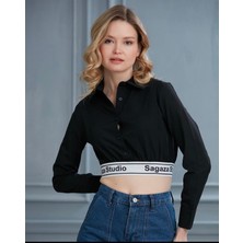 AB Looks Kadın Sagaza Şerit Yazılı Beli Korseli Lastikli Poplin Uzun Kollu Crop Gömlek Bluz