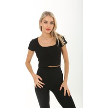 CHEISU Kadın Siyah Kısa Kol Crop Havuz Yaka Fitilli Bluz