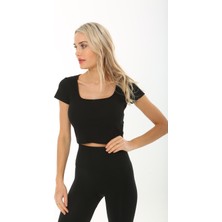 CHEISU Kadın Siyah Kısa Kol Crop Havuz Yaka Fitilli Bluz