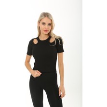 CHEISU Kısa Kol Pencere Desen Kadın Bluz T-Shirt Fitilli Siyah