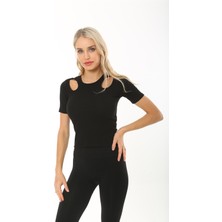 CHEISU Kısa Kol Pencere Desen Kadın Bluz T-Shirt Fitilli Siyah
