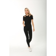 CHEISU Kısa Kol Pencere Desen Kadın Bluz T-Shirt Fitilli Siyah
