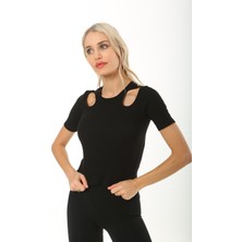 CHEISU Kısa Kol Pencere Desen Kadın Bluz T-Shirt Fitilli Siyah