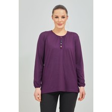 Fresh Moda Kadın Mor Kolu Lastikli Likralı Anne Penye Bluz