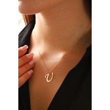 Prenses Pırlanta Kadın 14 Ayar Altın Harf Kolye El Işi U Harfi Altın Kolye Zincirli Harf Kolye 42 cm