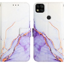 Eabhulie Redmi 9c / Poco C3 Için Mermer Desenli Pu Deri Cüzdan Telefon Kılıfı - Beyaz / Mor (Yurt Dışından)