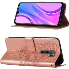 Eabhulie Redmi 9 / Poco M2 Için Kelebek Pu Deri Çevirmeli Cüzdan Stand Telefon Kılıfı - Rose Gold (Yurt Dışından)