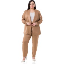 Disentis Modest Büyük Beden Şal Yaka Kolu Büzgü Detaylı Astarsız Saten Vizon Ceket