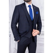 Paco Romano Erkek Slim Fit Sivri Yaka Ekose Yelekli Lacivert Kombin Takım Elbise