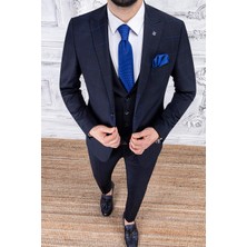 Paco Romano Erkek Slim Fit Sivri Yaka Ekose Yelekli Lacivert Kombin Takım Elbise