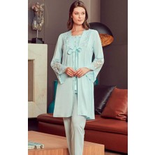 Bone Club 4906 Turkuaz Hamile Lohusa 3 Lü Dantel Kollu Pijama Sabahlık