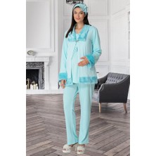 Mecit 5304 Turkuaz  Peluş Detaylı  Sabahlıklı Lohusa Pijama Takımı