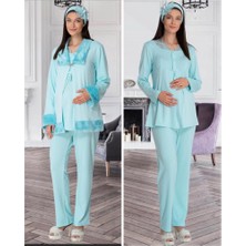 Mecit 5304 Turkuaz  Peluş Detaylı  Sabahlıklı Lohusa Pijama Takımı