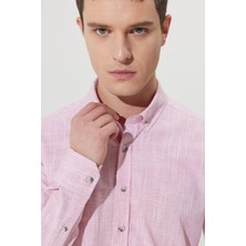 ALTINYILDIZ CLASSICS Erkek Bordo Slim Fit Dar Kesim Düğmeli Yaka Keten Görünümlü %100 Pamuk Flamlı Gömlek