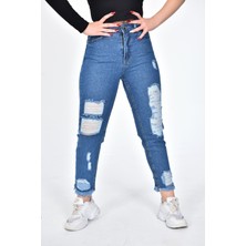 Zeren Moda Yüksek Bel Dar Paça Yırtmaçlı Mom Jean Kot Pantolon Mavi - 42