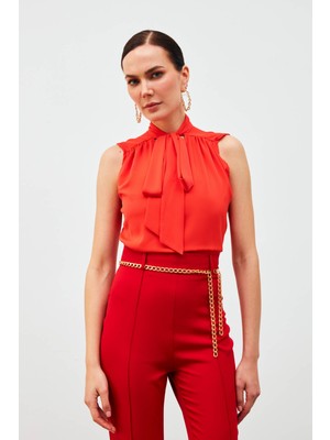 Fularlı Kolsuz Bluz - Mercan