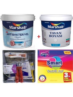 Marshall Antibakteriyel Hijyen Silinebilir Duvar Boyası 2.5 Lt + Marshall Tavan Boyası 3.5 kg + Izmir Fırça Duvar Boyama Seti