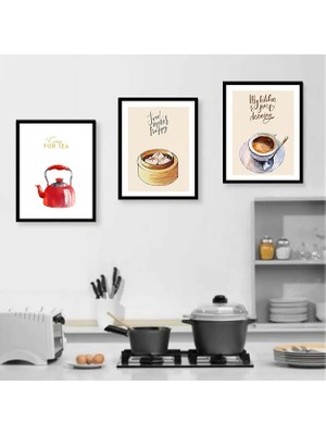 Trend Poster Siyah Çerçeve Görünümlü Çay Kahve Yemek Mutfak Tablosu Retro Ahşap Poster