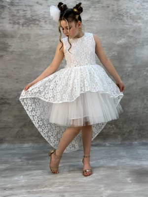 Miço Kids Beyaz Salsa Kuyruklu Fiyonk Detaylı Çocuk Abiye - Kız Çocuk Elbisesi - Çocuk Abiye - Mezuniyet Elbisesi