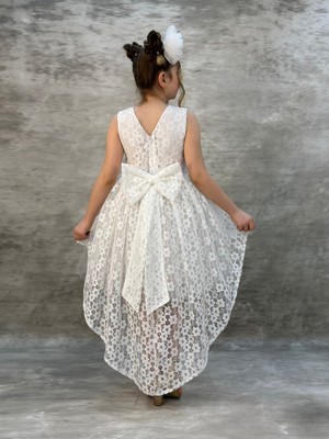 Miço Kids Beyaz Salsa Kuyruklu Fiyonk Detaylı Çocuk Abiye - Kız Çocuk Elbisesi - Çocuk Abiye - Mezuniyet Elbisesi