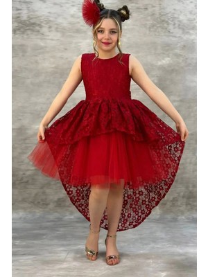 Miço Kids Kırmızı Salsa Kuyruklu Fiyonk Detaylı Çocuk Abiye - Kız Çocuk Elbisesi - Çocuk Abiye - Mezuniyet Elbisesi