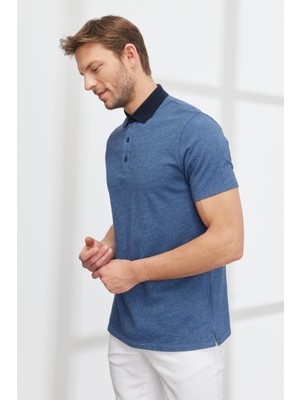 ALTINYILDIZ CLASSICS Erkek Lacivert Slim Fit Dar Kesim Polo Yaka %100 Pamuk Desenli Tişört