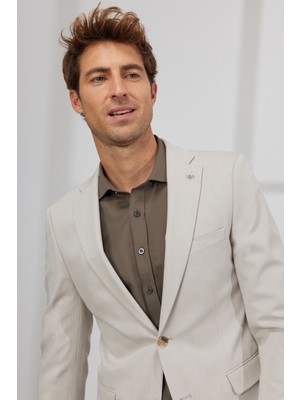 ALTINYILDIZ CLASSICS Erkek Bej Slim Fit Dar Kesim Mono Yaka Diyagonal Desenli Pamuklu Takım Elbise