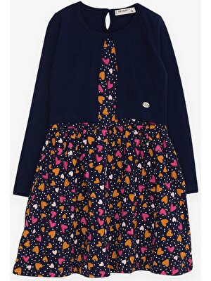 Breeze Kız Çocuk Uzun Kollu Elbise Renkli Kalp Desenli 4-9 Yaş, Lacivert