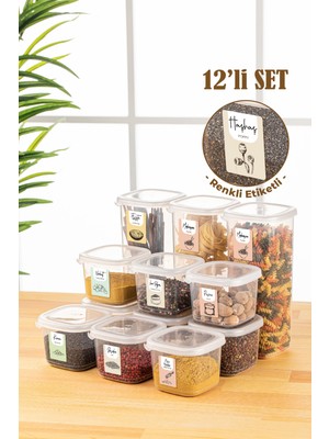Vienev Renkli Etiketli 12LI Peggy Kare Erzak Saklama Kabı 9x(0,55 Litre) - 3x(1,75 Litre) Beyaz
