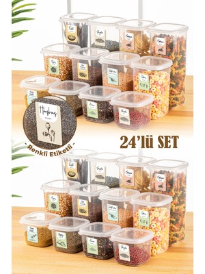 Vienev Renkli Etiketli 24LÜ Peggy Kare Erzak Saklama Kabı 8x(0,55 Litre, 1,2 Litre, 1,75 Litre) Beyaz