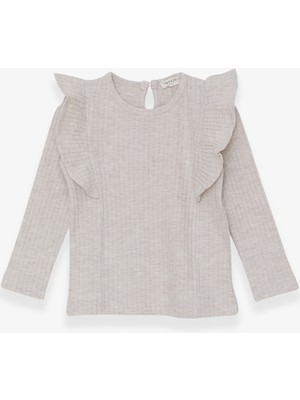 Breeze Kız Çocuk Uzun Kollu Bluz Omuzu Fırfırlı 1.5-5 Yaş, Bej Melanj