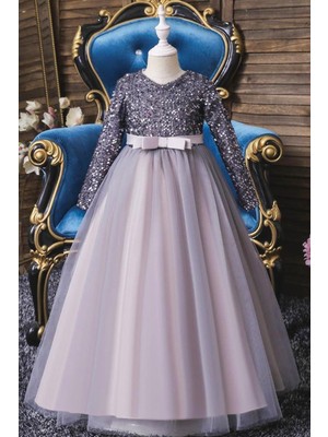 Miço Kids Gri Payetli Kız Çocuk Abiye Elbise - Uzun Kol Balo ve Noel İçin Rahat Stil