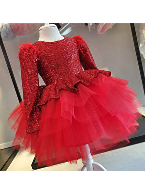 Miço Kids Kırmızı Payetli Peplumlu Kız Çocuk Abiye Elbise