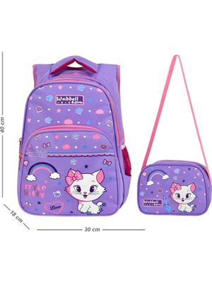 Giza Waddell Lisanslı Lila Kedi Desenli Sırt Çantası ve Beslenme Çantası 40 cm Kapasite