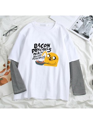 Touz Moda  Bacon Pancakes Baskılı Fake Sleeves Beyaz T-Shirt