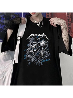 Touz Moda Metallica Knight Skull Baskılı Siyah Oversize T-Shirt