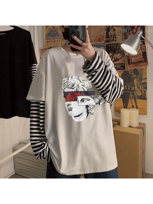 Touz Moda  Statue Rose Baskılı Fake Sleeves Beyaz T-Shirt